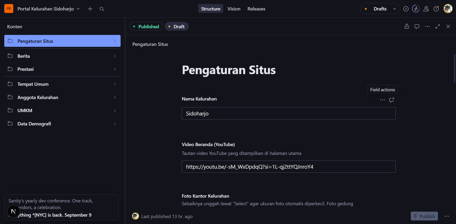 Daftar Konten di sisi kiri Ruang Kerja