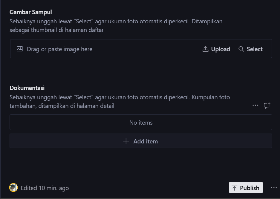 Bagian bawah formulir Berita dengan tombol Publish di kanan bawah